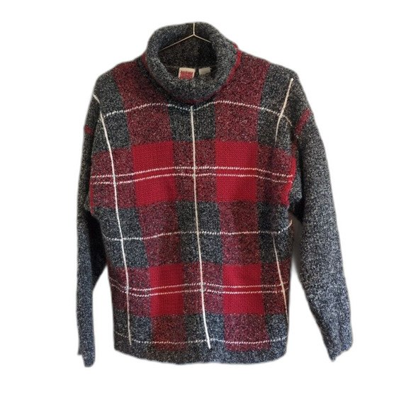 Vintage Marisa Canvas Women's L Large Turtle Neck Sweater Wool Blend Red Check - Picture 1 of 5
